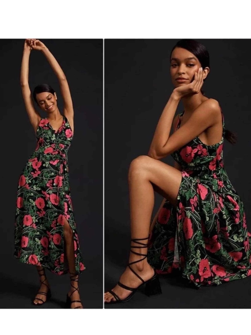 Anthropologie Black Maxi Dress with Pink Floral Print